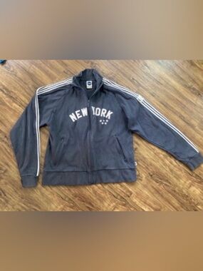 Blue Marlin Men’s Blue Gray New York Zip-Up Track Jacket with Striped Sleeves